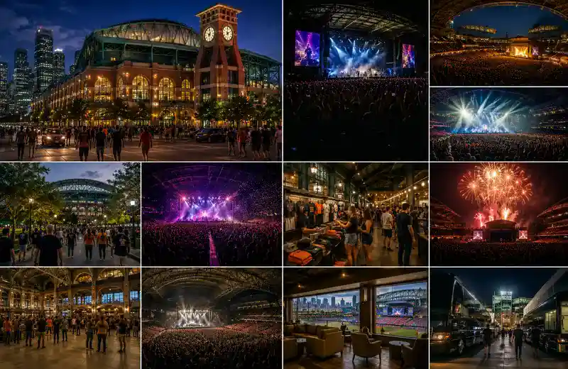 Large concert and major live event inside Daikin Park in Houston featuring a massive illuminated stage, packed crowds, dramatic lighting effects, fireworks, and the stadium transformed into an energetic entertainment venue at night.